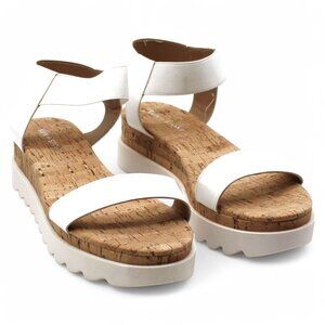 Sun Stone Womens White 1 Platform Cork-Like Stretch Comfort Ankle Strap Sandals